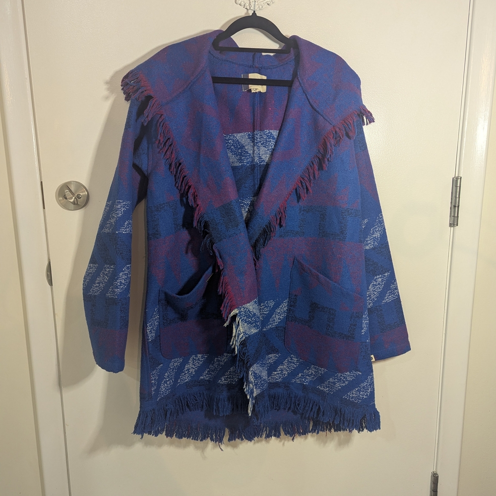 Roxy Santa Catalina Blue Aztec Fringe Beach Surf Wrap Jacket Hoodie RARE